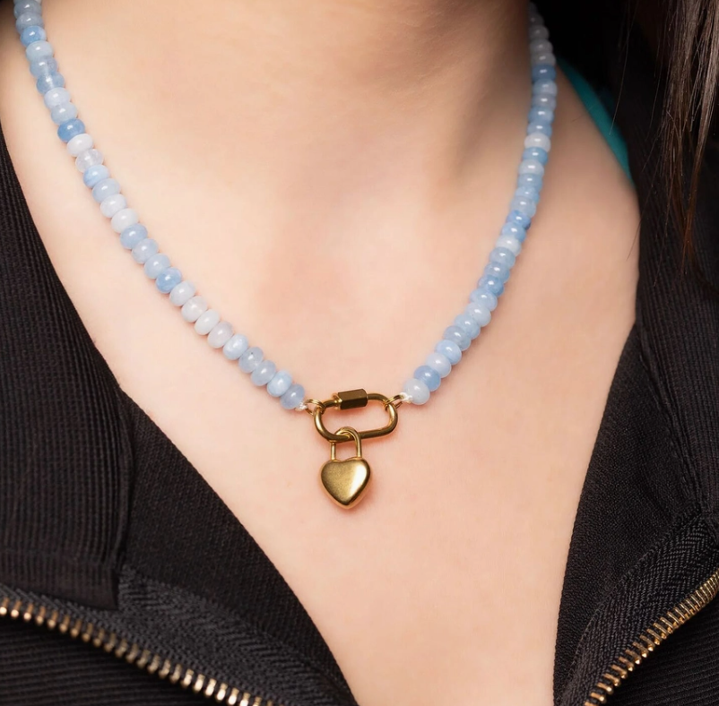 Blue Chunky Glass Bead Carabiner Necklace